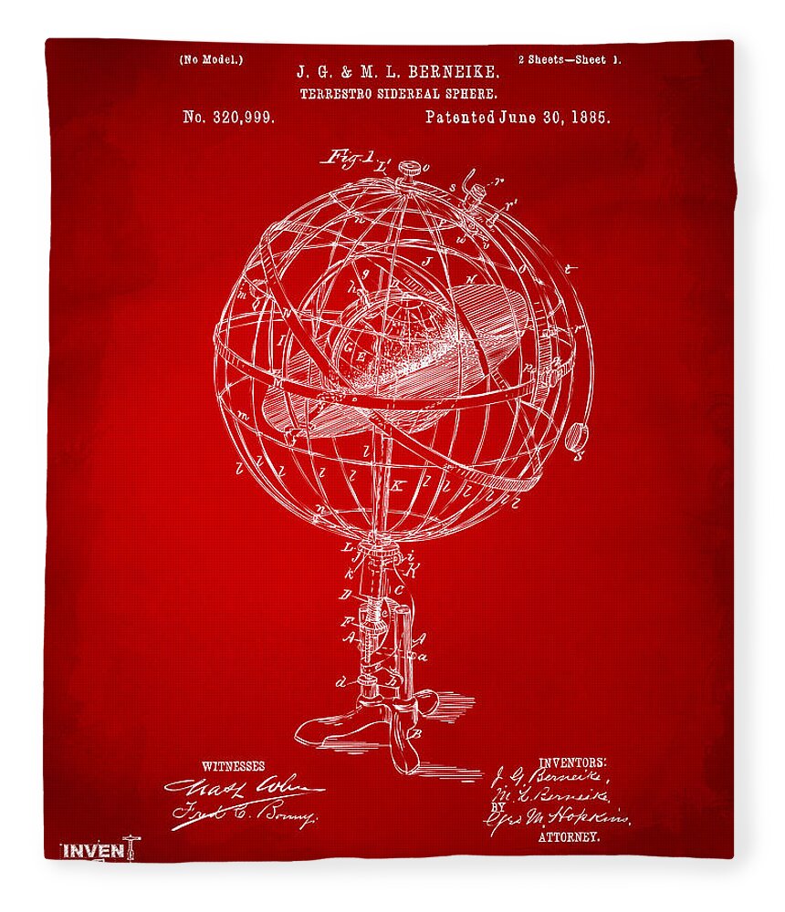 Globe Fleece Blanket featuring the digital art 1885 Terrestro Sidereal Sphere Patent Artwork - Red by Nikki Marie Smith