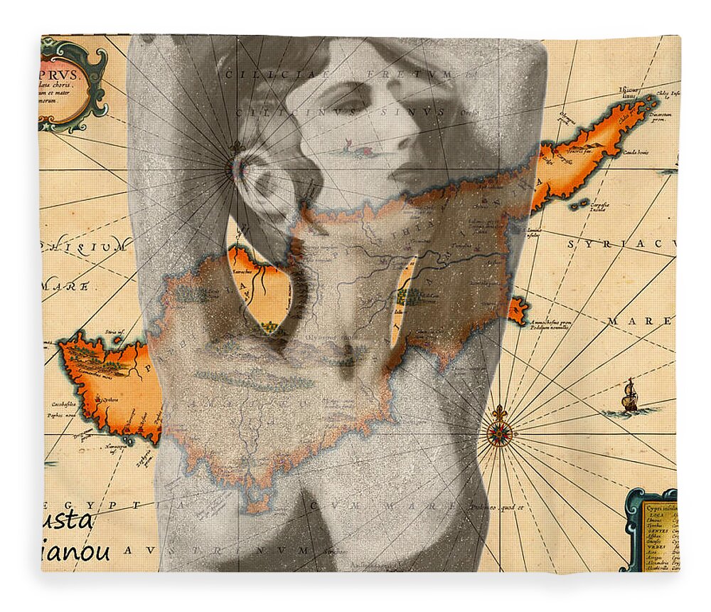 Augusta Stylianou Fleece Blanket featuring the digital art Ancient Cyprus Map and Aphrodite #21 by Augusta Stylianou