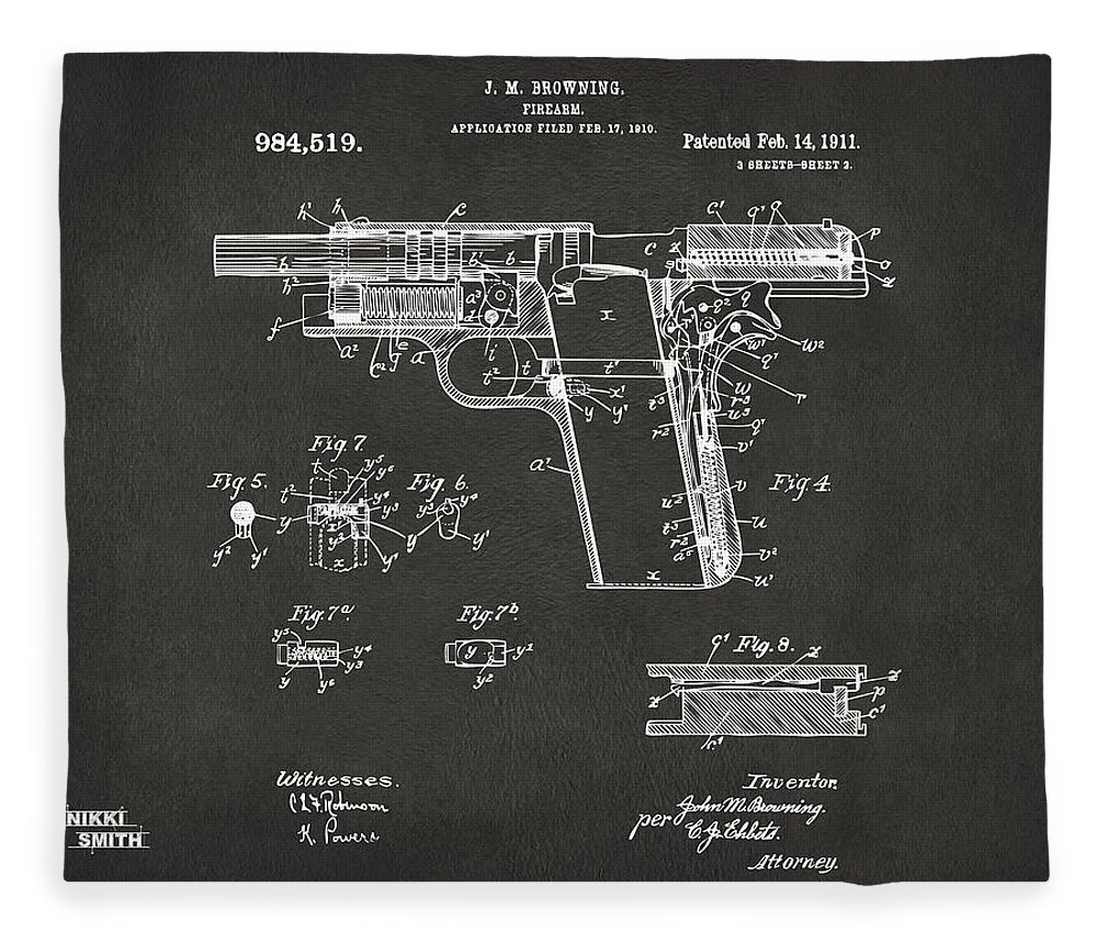 Colt 45 Fleece Blanket featuring the digital art 1911 Colt 45 Browning Firearm Patent 2 Artwork - Gray by Nikki Marie Smith