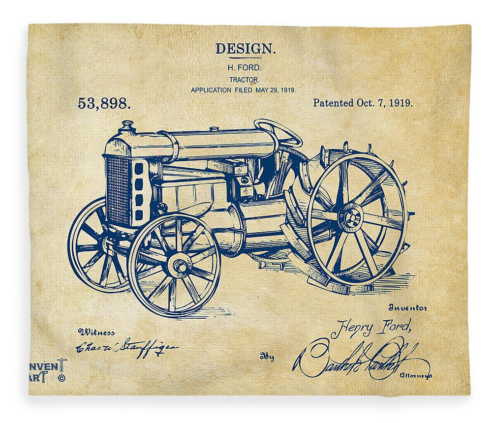 Henry Ford Fleece Blanket featuring the digital art 1919 Henry Ford Tractor Patent Vintage by Nikki Marie Smith