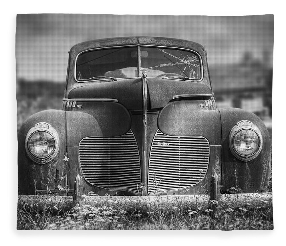 Desoto Fleece Blanket featuring the photograph 1940 DeSoto Deluxe Black and White by Scott Norris