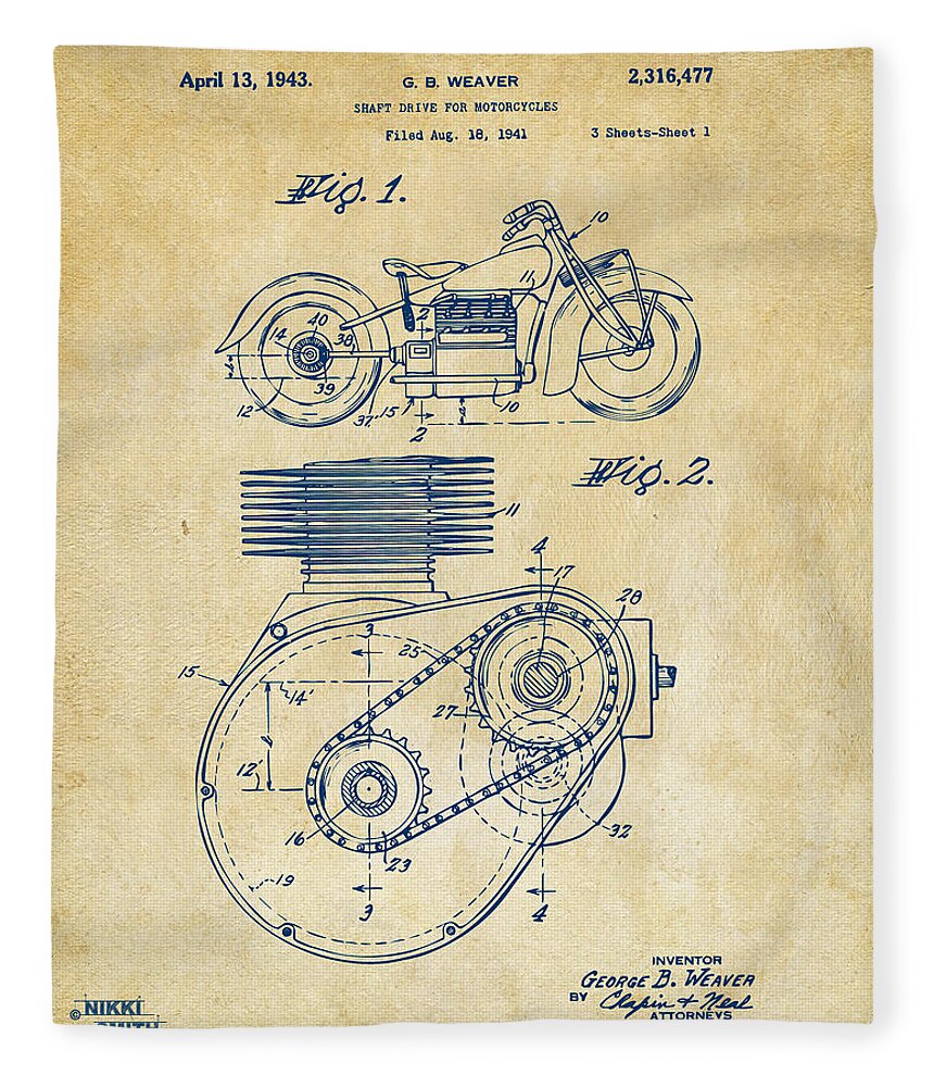 Indian Motorcycle Fleece Blanket featuring the digital art 1941 Indian Motorcycle Patent Artwork - Vintage by Nikki Marie Smith