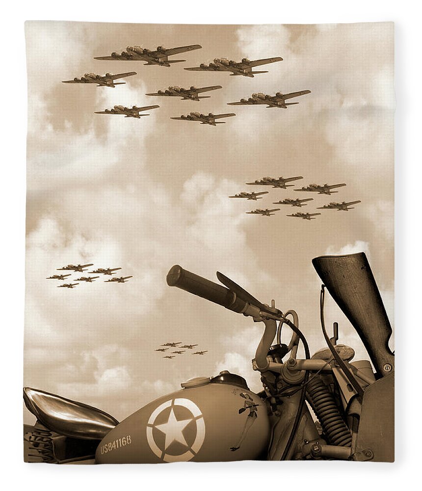Warbirds Fleece Blanket featuring the photograph 1942 Indian 841 - B-17 Flying Fortress' by Mike McGlothlen