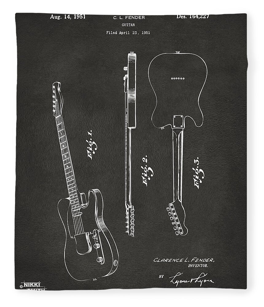Fender Guitar Fleece Blanket featuring the digital art 1951 Fender Electric Guitar Patent Artwork - Gray by Nikki Marie Smith