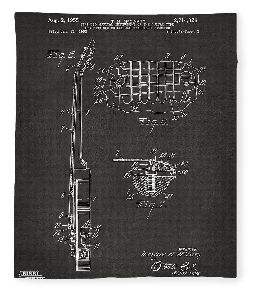 Guitar Fleece Blanket featuring the digital art 1955 McCarty Gibson Les Paul Guitar Patent Artwork 2 - Gray by Nikki Marie Smith