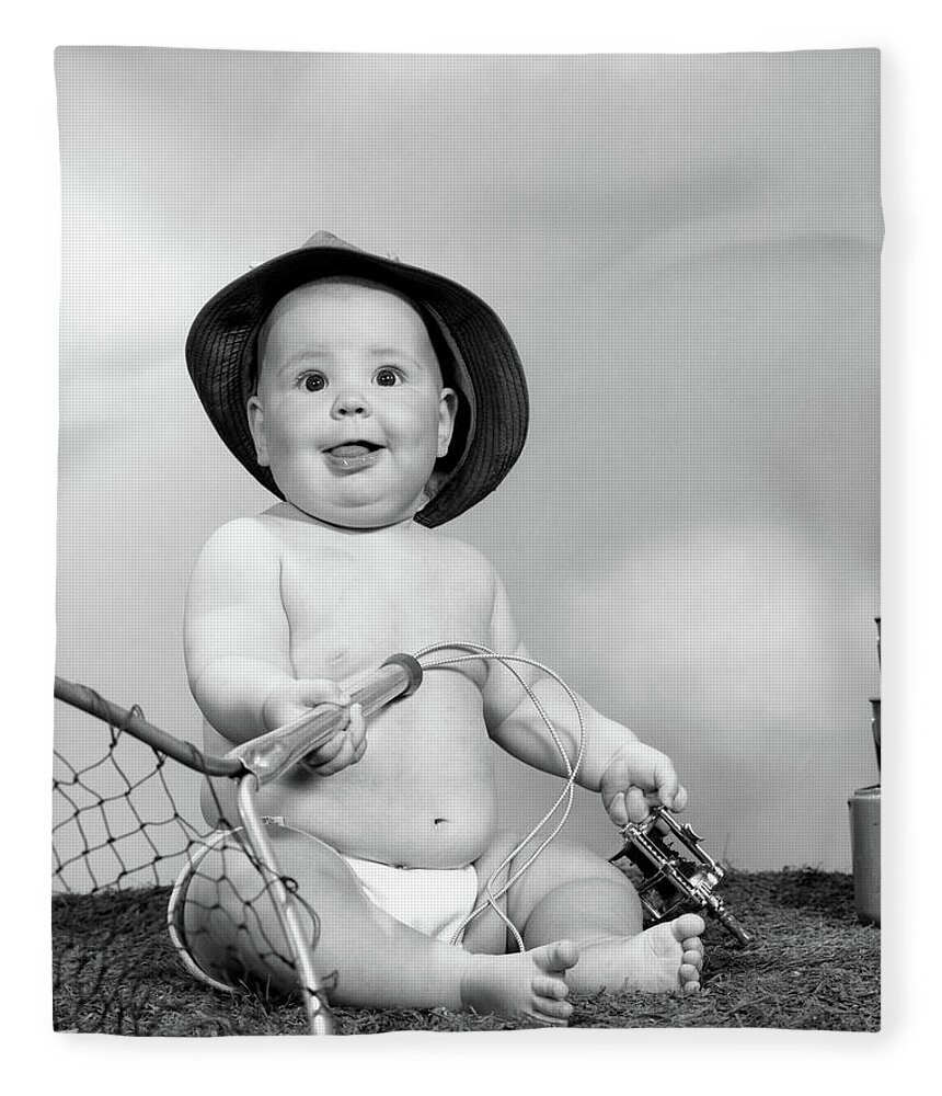 1960s Baby Girl Wearing Fishing Hat Fleece Blanket by Vintage