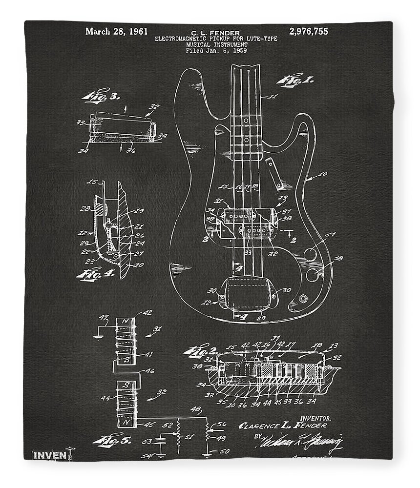 Guitar Fleece Blanket featuring the digital art 1961 Fender Guitar Patent Artwork - Gray by Nikki Marie Smith