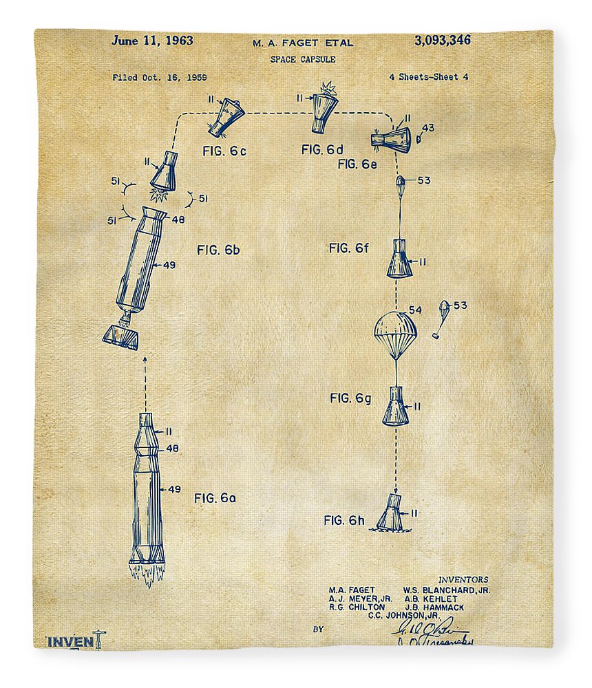 Space Capsule Fleece Blanket featuring the digital art 1963 Space Capsule Patent Vintage by Nikki Marie Smith
