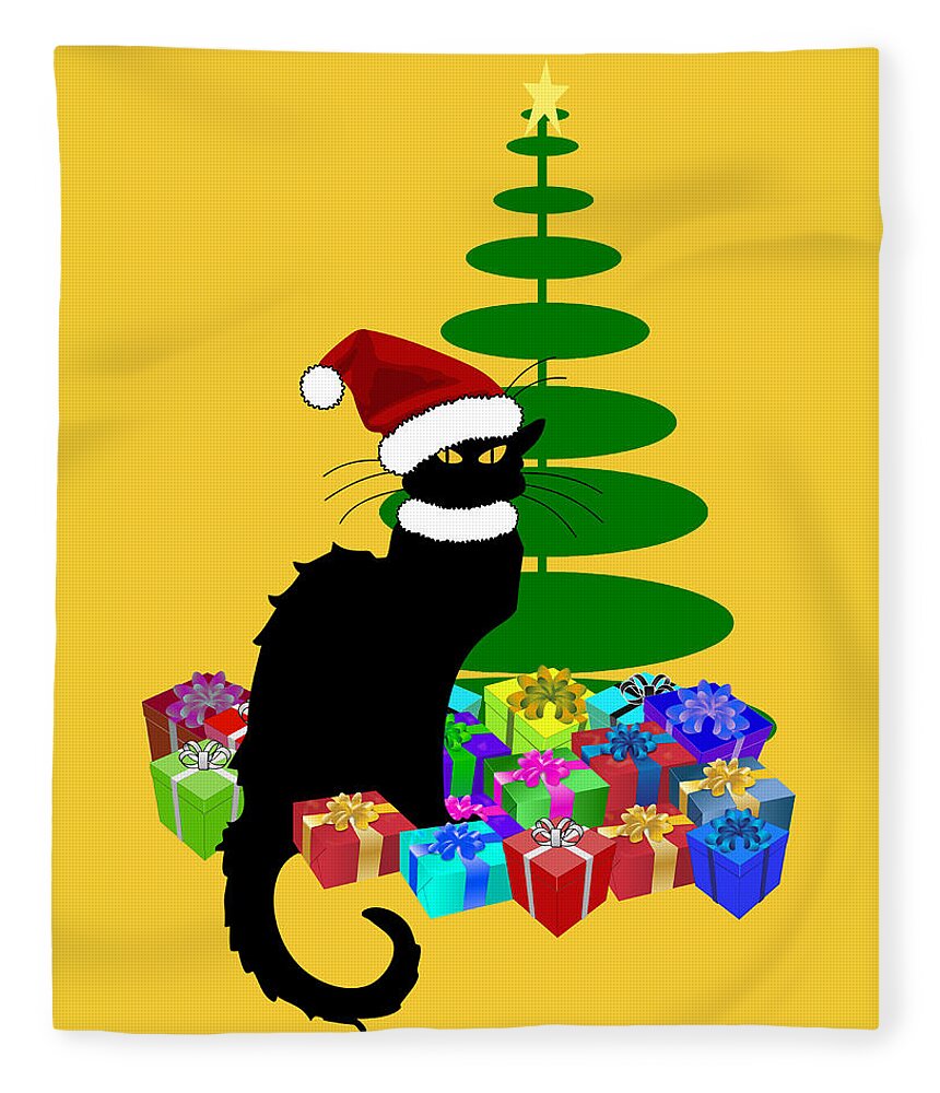 Le Chat Noir Fleece Blanket featuring the mixed media Christmas Le Chat Noir With Santa Hat #2 by Gravityx9  Designs