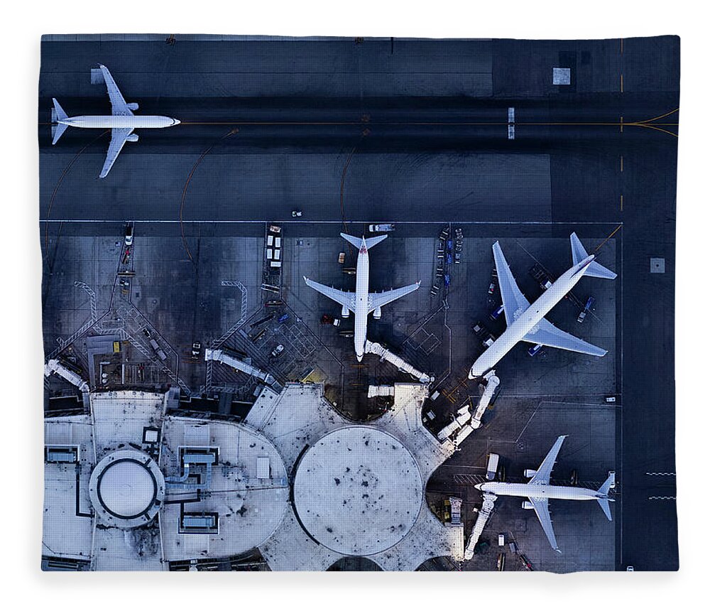 Airport Terminal Fleece Blanket featuring the photograph Airliners At Gates And Control Tower #2 by Michael H