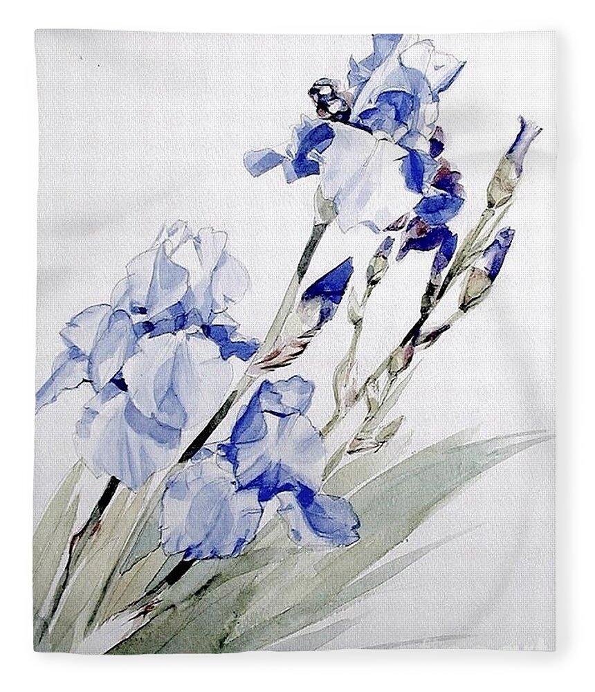 Greta Corens Watercolors Fleece Blanket featuring the painting Blue Irises by Greta Corens
