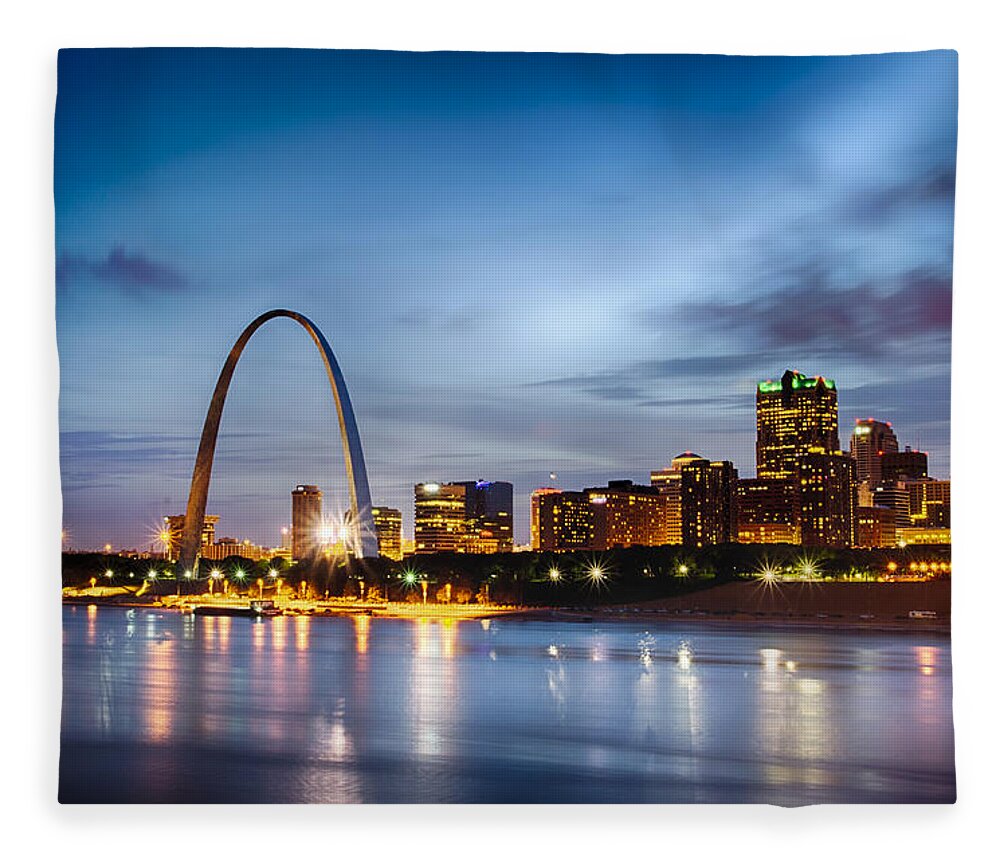 Missouri Fleece Blanket featuring the photograph City of St. Louis skyline. Image of St. Louis downtown with Gate #2 by Alex Grichenko