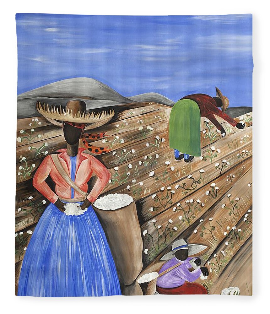 Gullah Art Fleece Blanket featuring the painting Cotton Pickin' Cotton by Patricia Sabreee