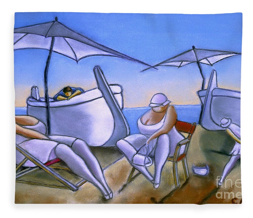 Mediterranean Beach Fleece Blanket featuring the painting Day At The Beach #2 by William Cain