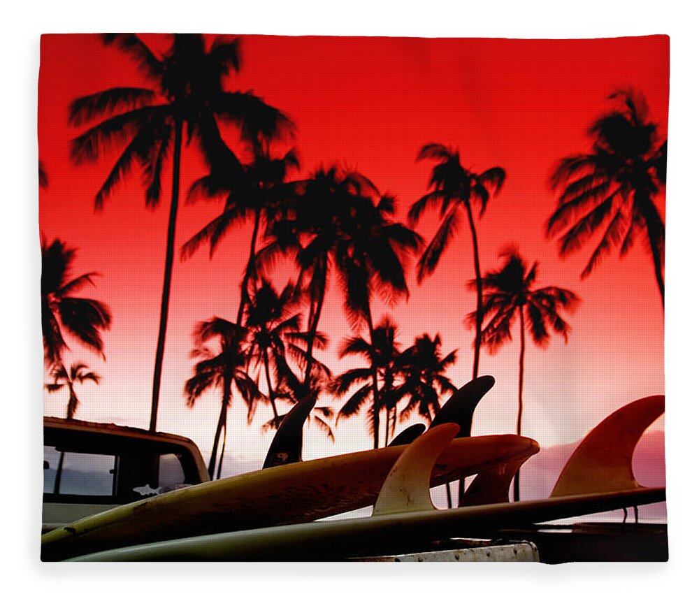 Red Sky Fleece Blanket featuring the photograph Fins n' Palms by Sean Davey