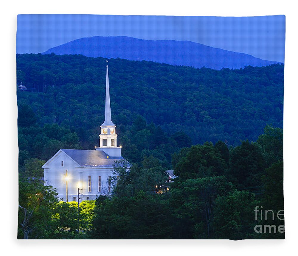 New England Fleece Blanket featuring the photograph Stowe Community Church at dusk #2 by Don Landwehrle