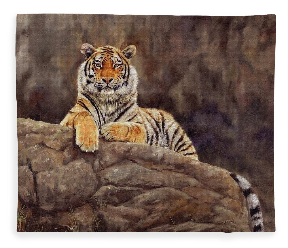 Tiger Fleece Blanket featuring the painting Tiger #3 by David Stribbling