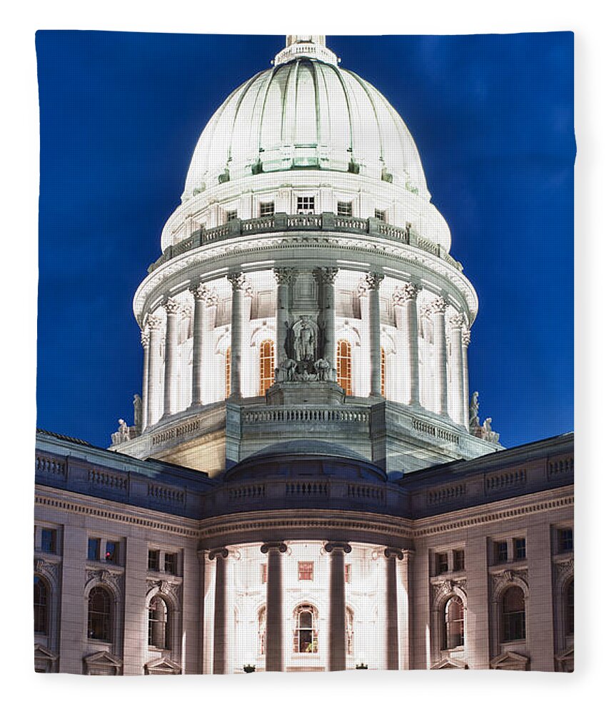 Clouds Fleece Blanket featuring the photograph Wisconsin State Capitol Building at Night #2 by Sebastian Musial
