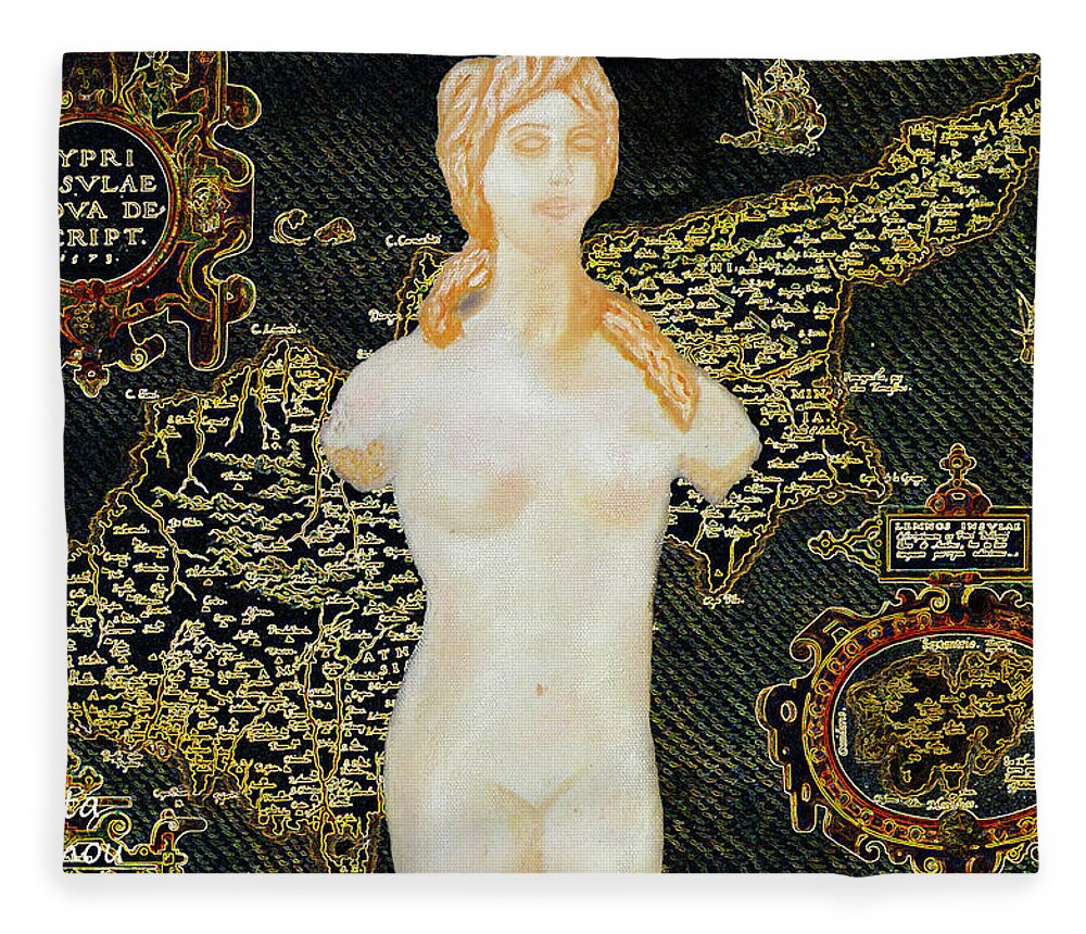 Augusta Stylianou Fleece Blanket featuring the painting Ancient Cyprus Map and Aphrodite #26 by Augusta Stylianou