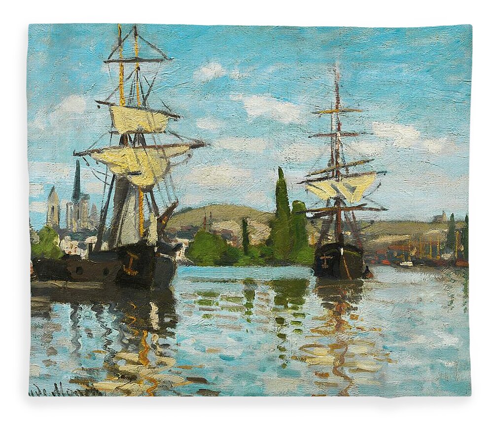 Claude Monet Fleece Blanket featuring the painting Ships Riding On The Seine At Rouen #3 by Claude Monet