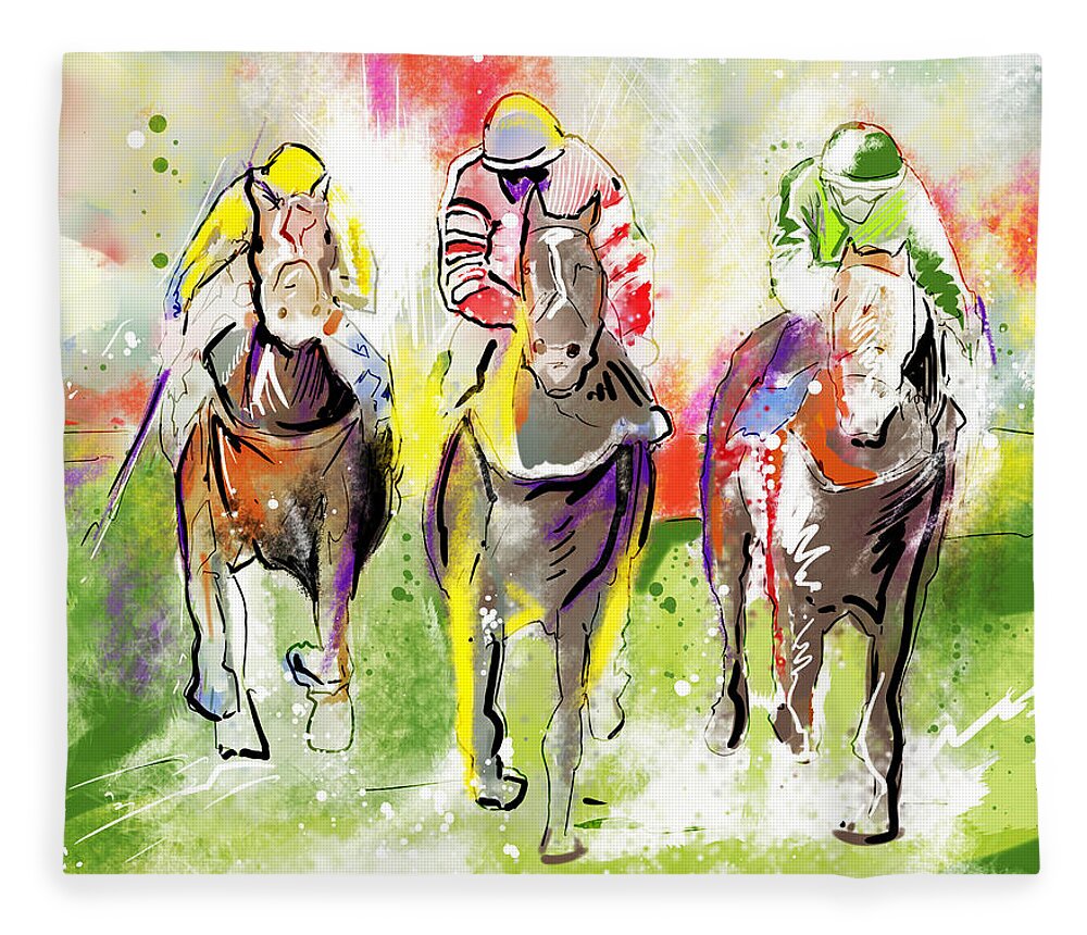 Horse Racing Fleece Blanket featuring the painting 3 to Race by John Gholson