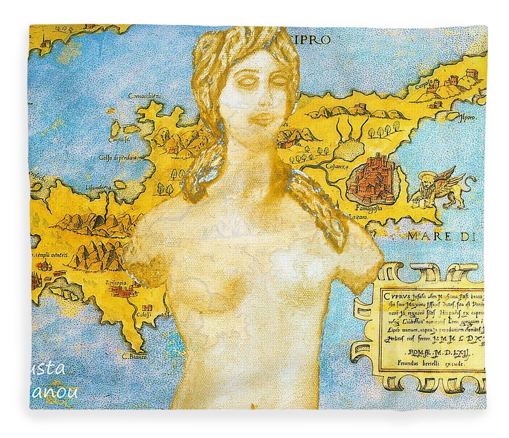 Augusta Stylianou Fleece Blanket featuring the digital art Ancient Cyprus Map and Aphrodite #37 by Augusta Stylianou