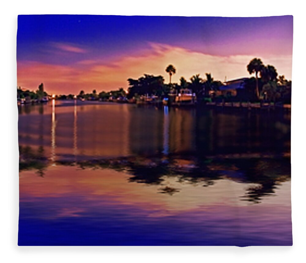 Moon Fleece Blanket featuring the photograph 4X1 Holmes Beach Canal Moon Night by Rolf Bertram