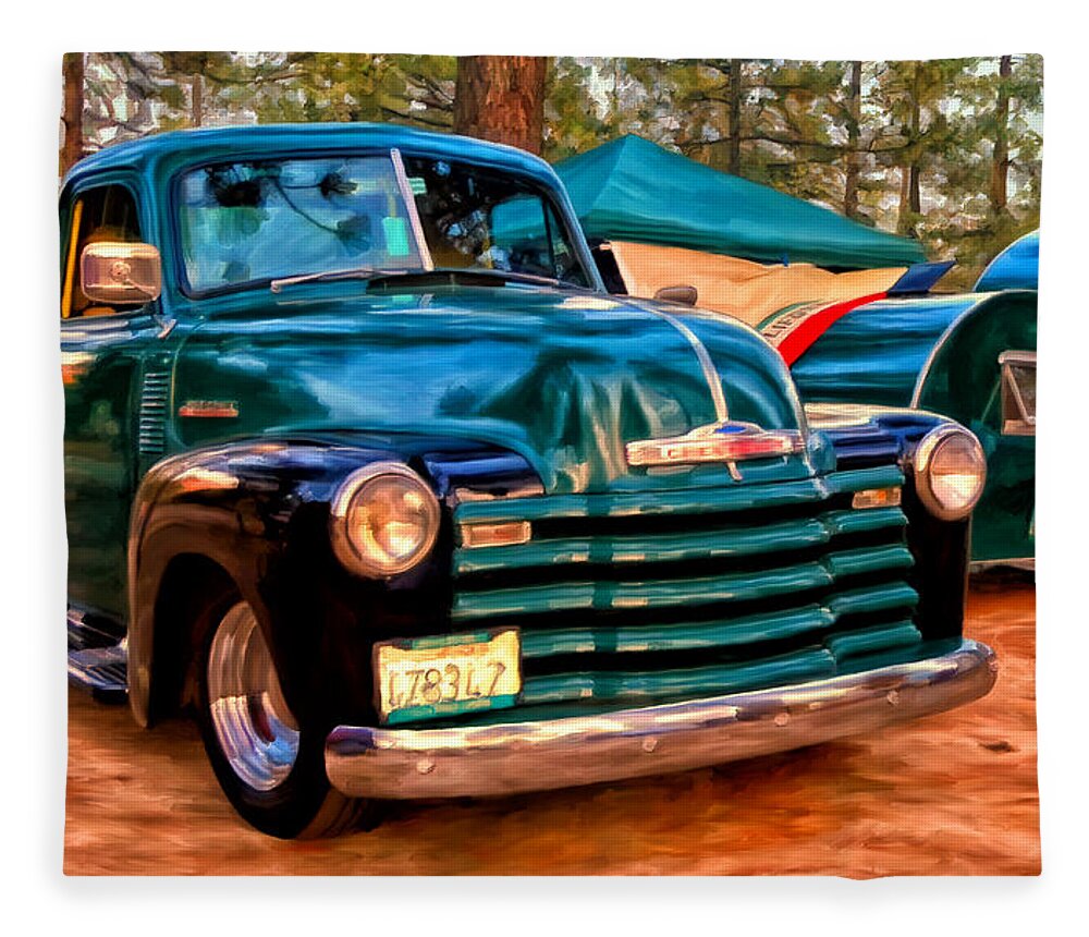 Teardrop Trailers Fleece Blanket featuring the painting '51 Chevy Pickup with Teardrop Trailer #51 by Michael Pickett