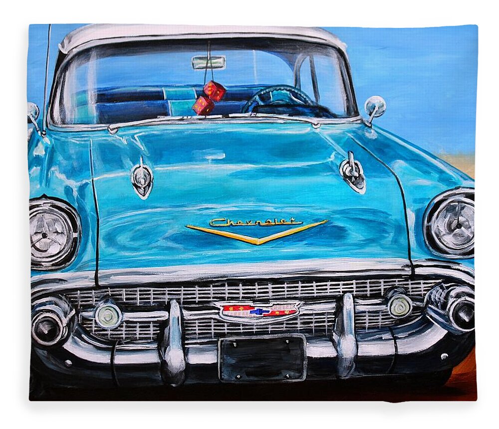 Chevy Fleece Blanket featuring the painting '57 Chevy Front End by Karl Wagner