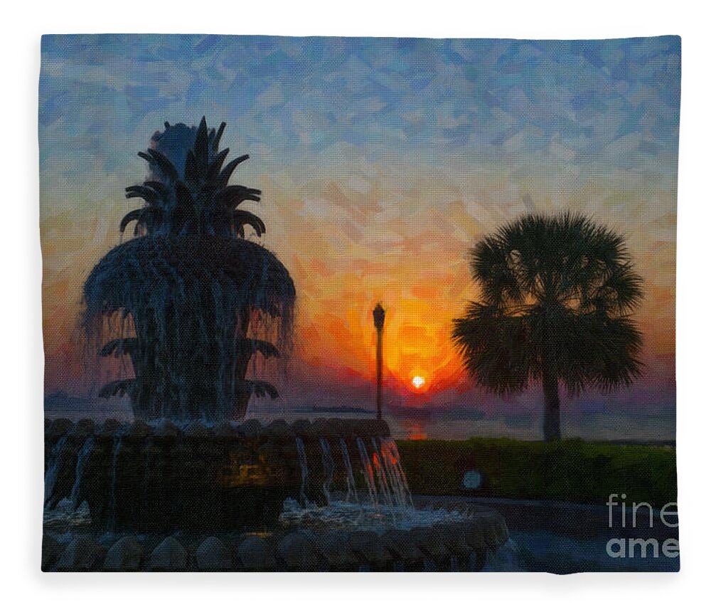 Pineapple Fountain At Waterfront Park In Downtown Charleston Sc Fleece Blanket featuring the digital art Pineapple Fountain at Dawn by Dale Powell