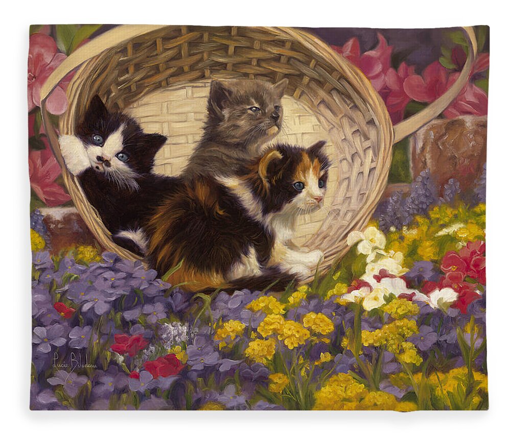 Cat Fleece Blanket featuring the painting A Basket Of Cuteness by Lucie Bilodeau