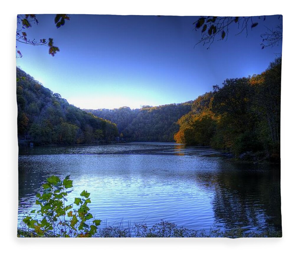River Fleece Blanket featuring the photograph A Blue Lake in the Woods by Jonny D
