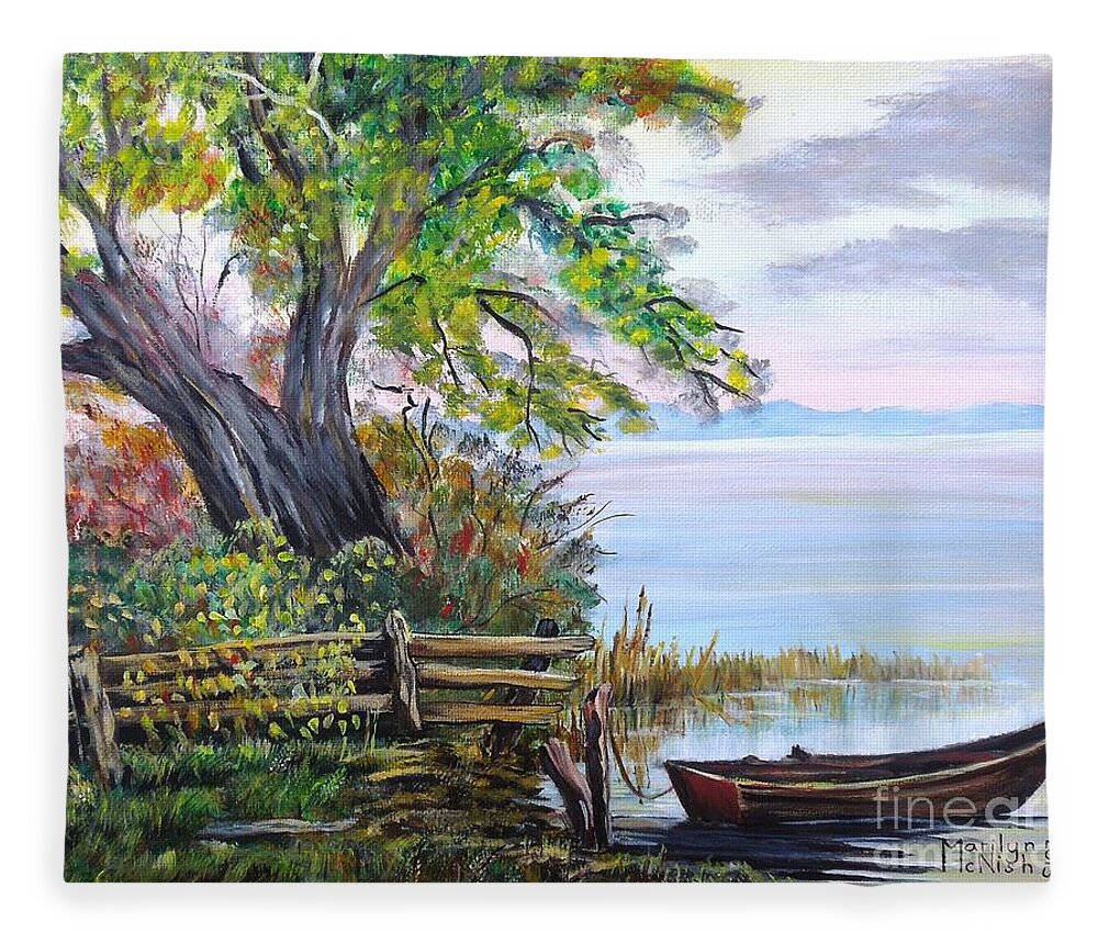 Boat Fleece Blanket featuring the painting A Boat Waiting 4 by Marilyn McNish