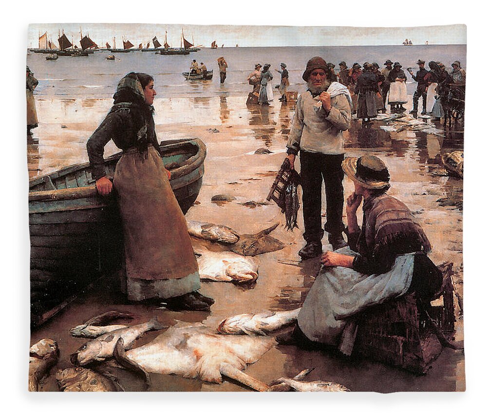 Stanhope Alexander Forbes Fleece Blanket featuring the digital art A Fish Sale on a Cornish Beach by Stanhope Alexander Forbes