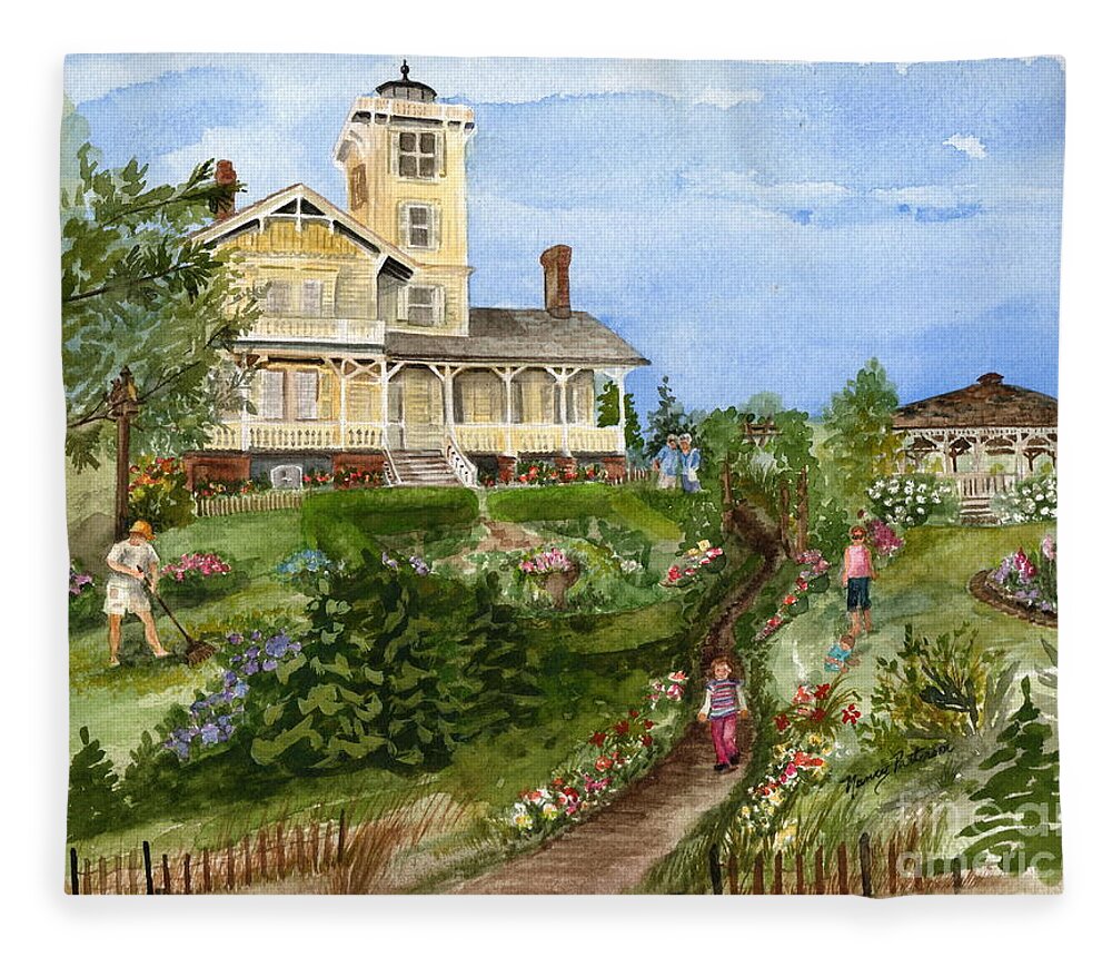 Hereford Inlet Lighthouse Fleece Blanket featuring the painting A Garden For All Ages by Nancy Patterson