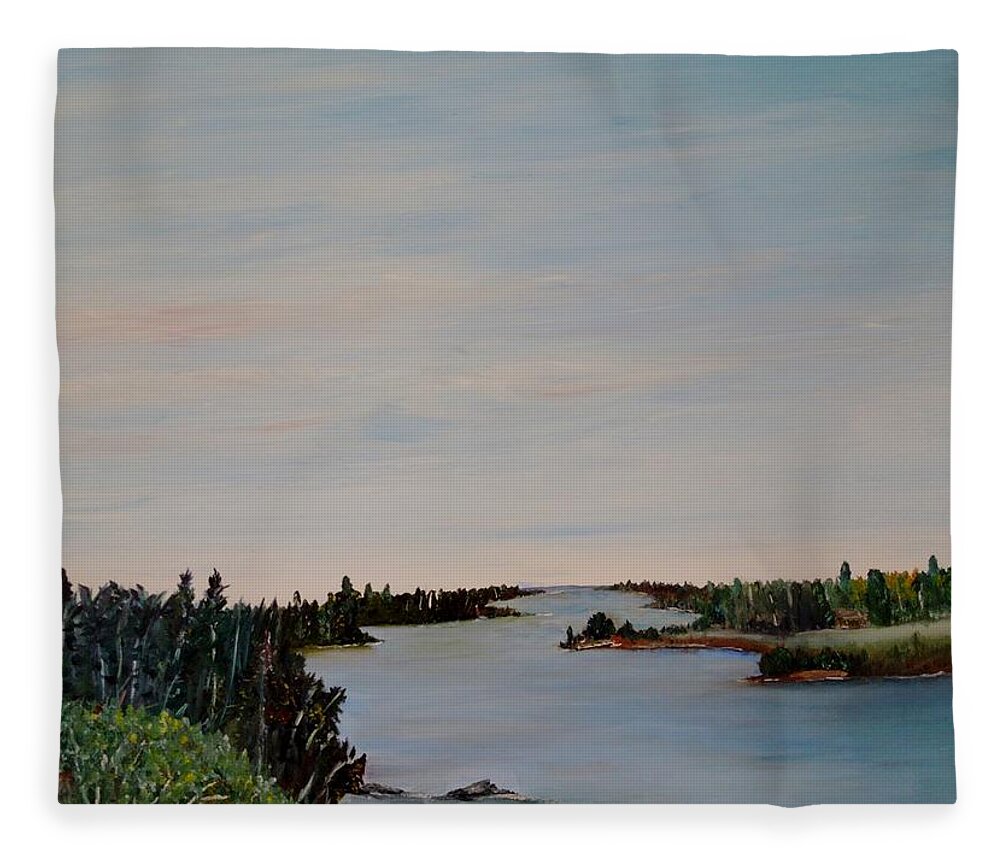 Manigotagan River Fleece Blanket featuring the painting A river shoreline by Marilyn McNish