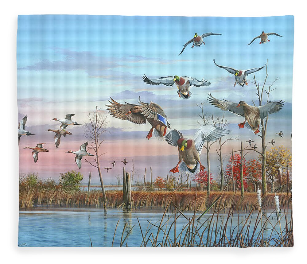 Mallards Fleece Blanket featuring the painting A Safe Return by Mike Brown