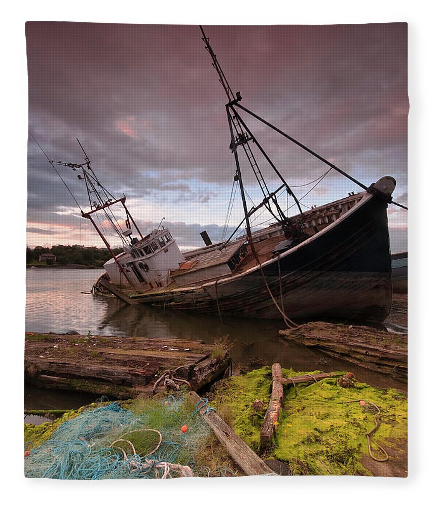 Tranquility Fleece Blanket featuring the photograph Abandoned Fishing Trawler by Richie Johns