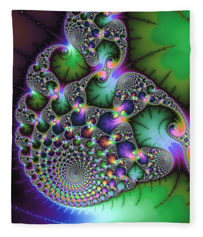 Fractal Fleece Blanket featuring the digital art Abstract fractal art green purple jewel colors square format by Matthias Hauser
