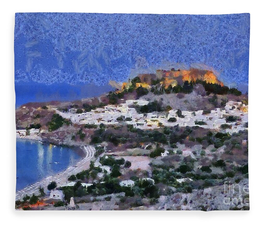 Rhodes Fleece Blanket featuring the painting Acropolis village and beach of Lindos by George Atsametakis
