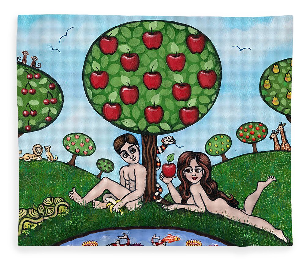 Adam And Eve Fleece Blanket featuring the painting Adam and Eve The Naked Truth by Victoria De Almeida