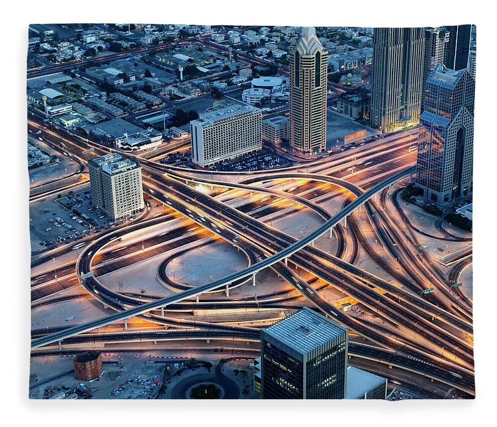 Arabia Fleece Blanket featuring the photograph Aerial View On Sheikh Zayed Road, Dubai by Pidjoe