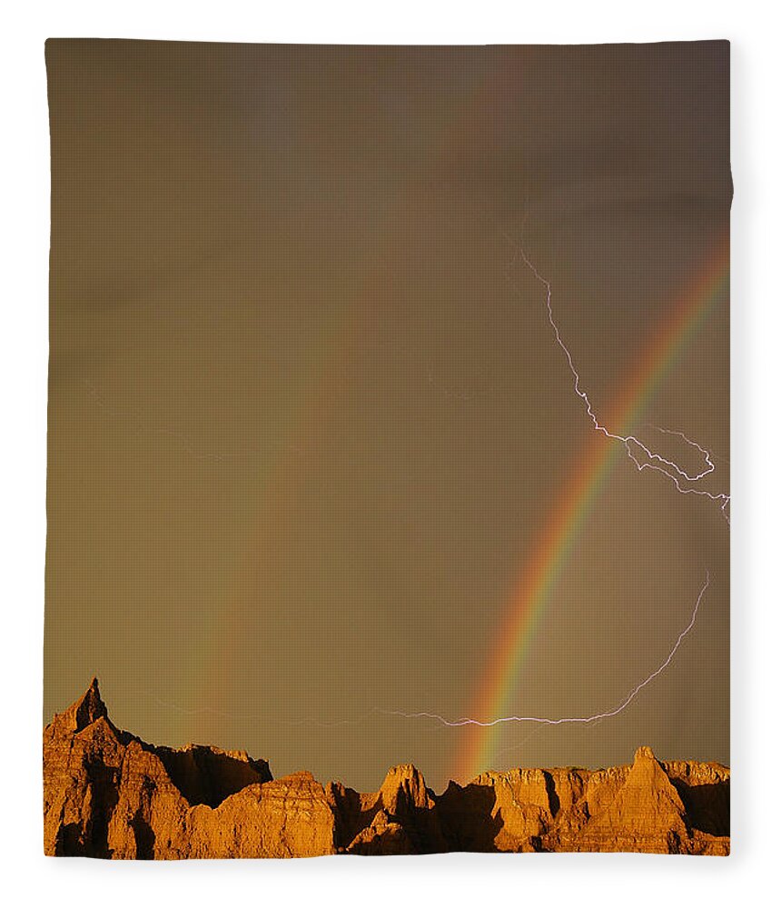 Badlands National Park Fleece Blanket featuring the photograph After the Storm - Lightning and Double Rainbow by Joan Wallner