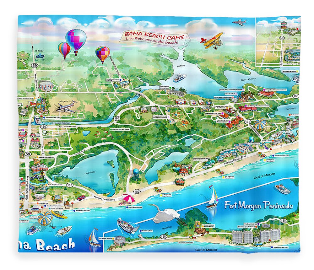 Alabama Beach Illustrated Map Fleece Blanket featuring the painting Alabama Beach Illustrated Map by Maria Rabinky