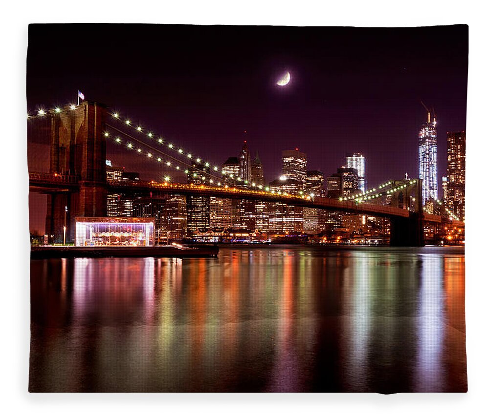America Fleece Blanket featuring the photograph Amazing New York Skyline and Brooklyn Bridge with Moon Rising by Mitchell R Grosky