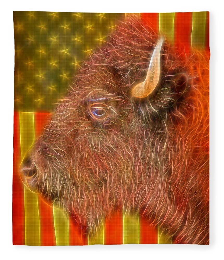 Bison Fleece Blanket featuring the photograph American Bison Headshot Flag Glow by James BO Insogna