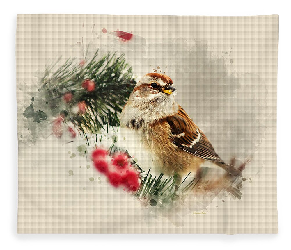 Bird Fleece Blanket featuring the mixed media American Tree Sparrow Watercolor Art by Christina Rollo