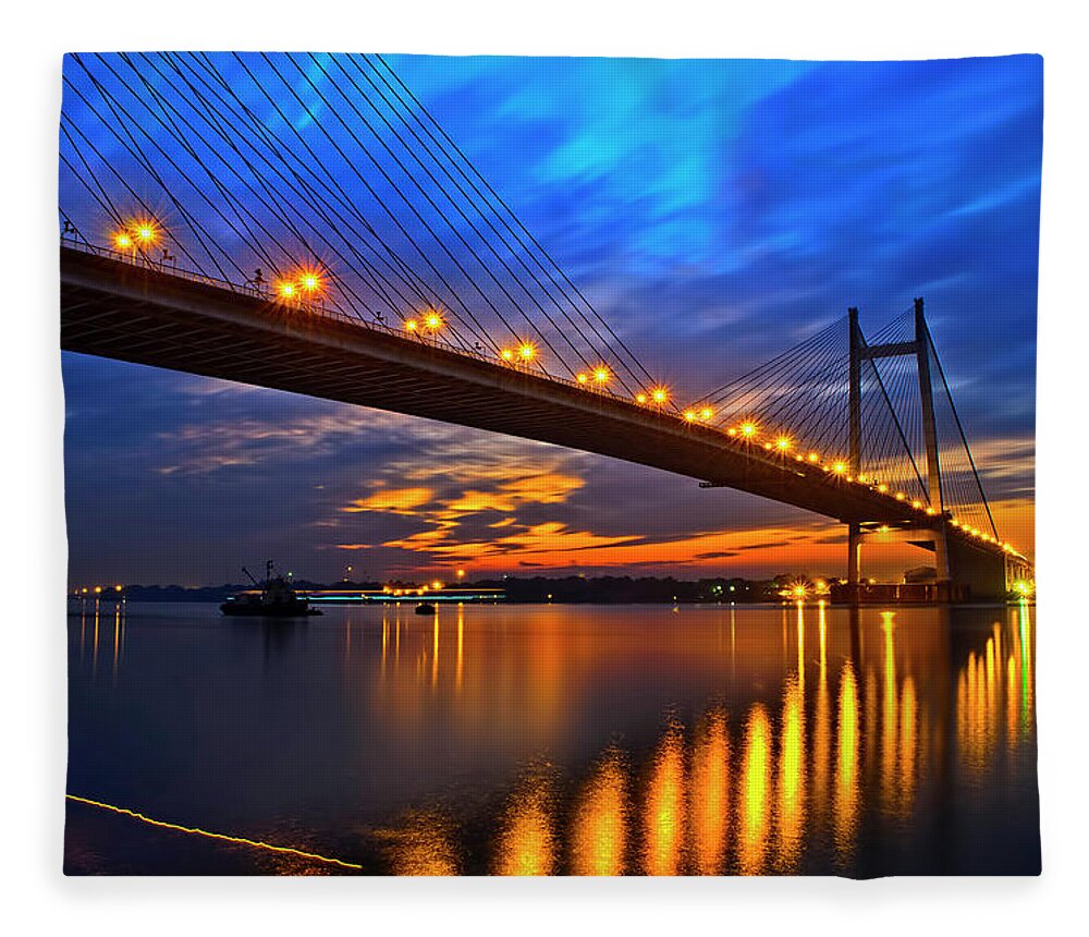 Built Structure Fleece Blanket featuring the photograph An Evening At 2nd Howrah Bridge by Creativity Has No Limit. An Image Can Tell Million Words.