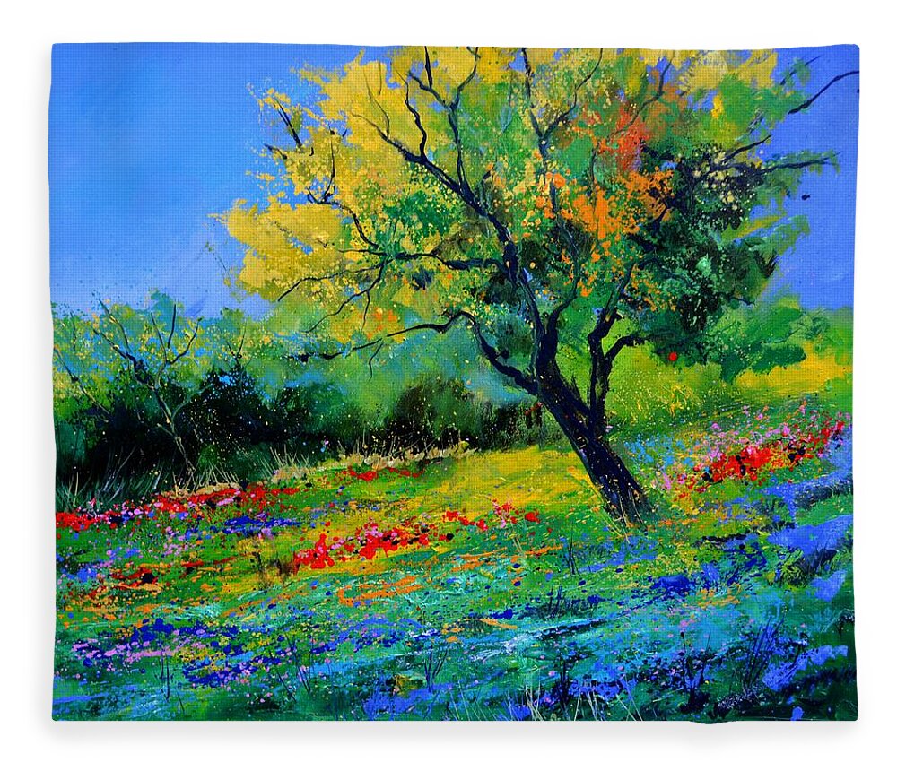 Landscape Fleece Blanket featuring the painting An oak amid flowers in Texas by Pol Ledent
