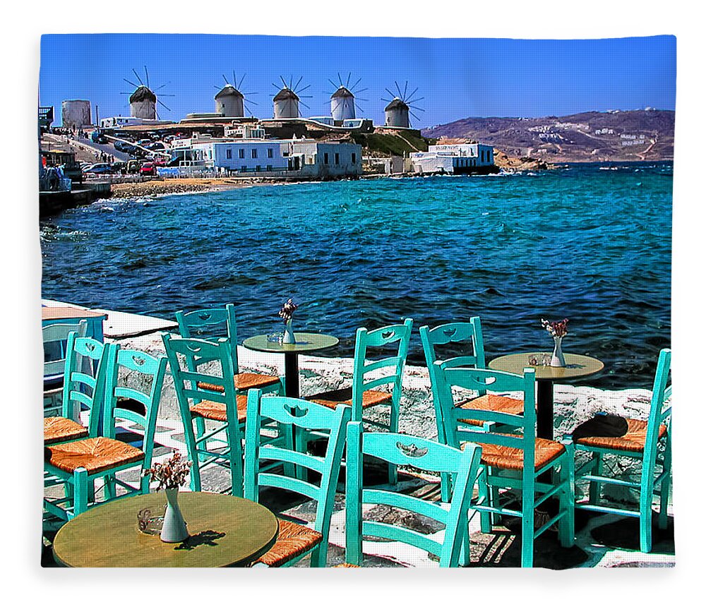 Greece Fleece Blanket featuring the photograph Ancient Chora Windmills in Mykonos by Mitchell R Grosky